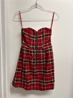 Red Plaid Strapless Mini Dress with Front Zipper
